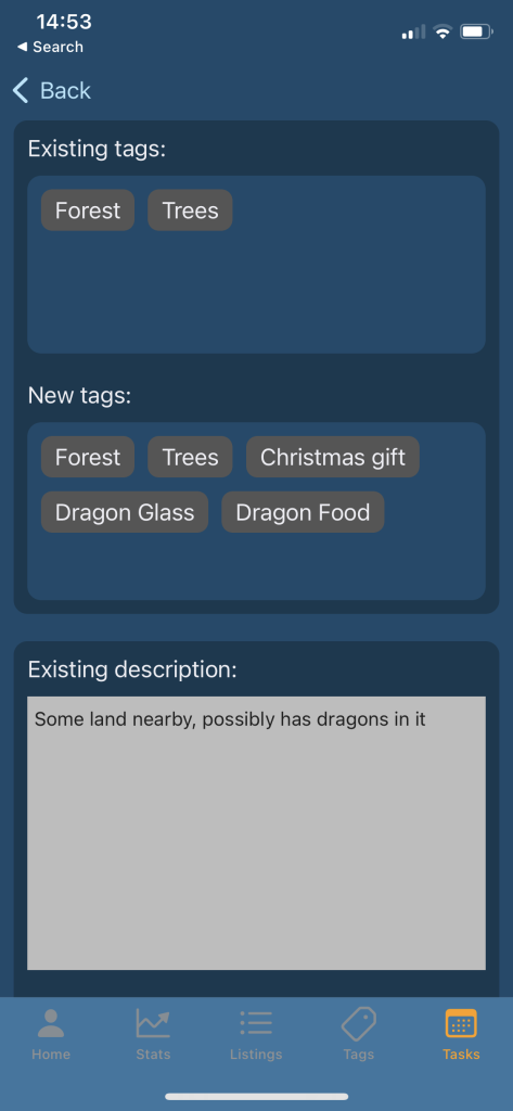 Screenshot of Stappy, an app for Etsy Sellers, showing how the tags and description compare